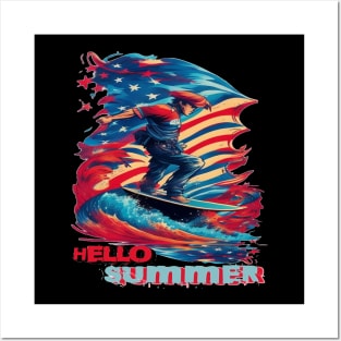 Hello Summer Funny Surfer Riding Surf Surfing Lover Gifts Posters and Art